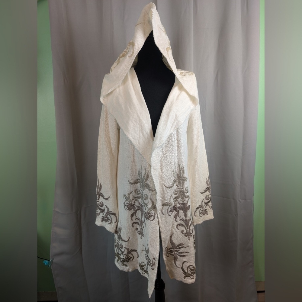 Paparazzi Women White Embroidered Hooded Cardigan Duster Sweater Nwt SZ Small
